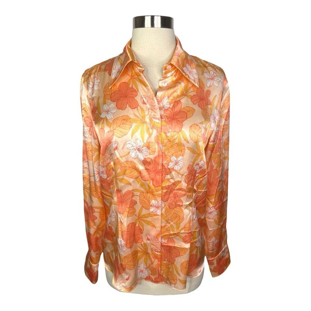 Vintage Starington Tropical Print Silk Blouse - Cantaloupe - Size 8
